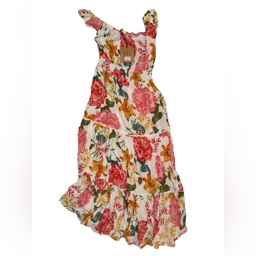 Abel the Label off shoulder smocked waist garden party maxi dress medium - Picture 2 of 4